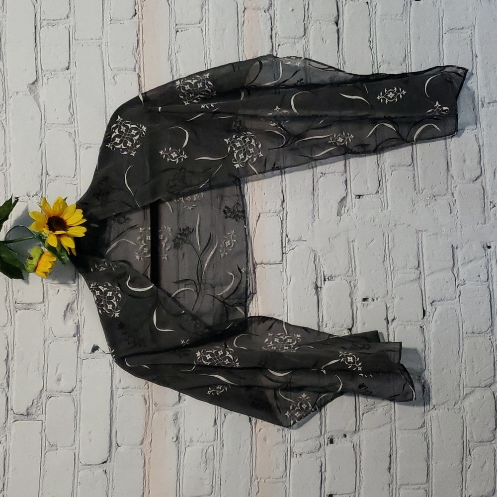 Vintage floral scarf 53" x 14" sheer black silver